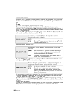 Page 112VQT1U34112
Avanzadas (Grabar imágenes)
La cámara fijará el enfoque automáticamente y el ajuste del enfoque se hará más rápido 
al pulsar el botón del obturador. Es eficaz cuando no quiere faltar la oportunidad de una 
foto.Nota

La batería se agotará más rápidamente que lo normal.Pulse de nuevo a mitad el botón del obturador cuando es difícil de enfocar el sujeto.Cuando [PRE AF] está ajustado en [ ], el enfoque del sujeto podría llevar algo de tiempo si 
gira el anillo del zoom desde Granangular a Te...