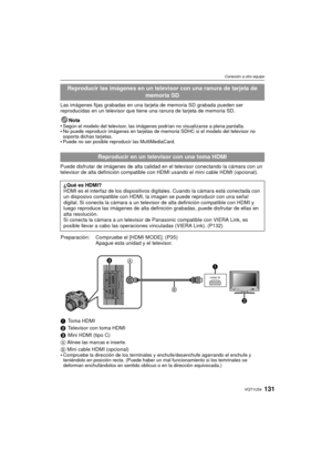 Page 131131VQT1U34
Conexión a otro equipo
Las imágenes fijas grabadas en una tarjeta de memoria SD grabada pueden ser 
reproducidas en un televisor que tiene una ranura de tarjeta de memoria SD.Nota

Según el modelo del televisor, las imágenes podrían no visualizarse a plena pantalla.No puede reproducir imágenes en  tarjetas de memoria SDHC si el modelo del televisor no 
soporta dichas tarjetas.
Puede no ser posible reproducir las MultiMediaCard.
Puede disfrutar de imágenes de alta calidad en el televisor...