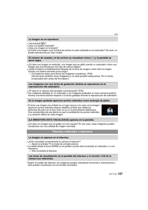 Page 157157VQT1U34
Otro
¿Ha pulsaod [(]?¿Hay una tarjeta insertada?¿Hay una imagen en la tarjeta?¿Es ésta una imagen cuyo nombre de archivo ha sido cambiado en el ordenador? De serlo, no 
puede reproducirse por esta unidad.
¿Es ésta una imagen no estándar, una imagen que se editó usando un ordenador o bien una 
imagen que fue tomada por otro tipo de cámara digital?
¿Quitó la batería inmediatamente después de la toma de imagen o bien tomó la imagen 
usando una batería teniendo poca carga?
> Formatee los datos...