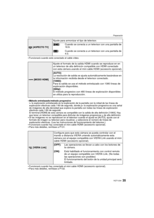 Page 3535VQT1U34
Preparación
Funcionará cuando está conectado el cable vídeo. 
Método entrelazado/método progresivo
i= la exploración entrelazada es la exploración de la pantalla con la mitad de las líneas de 
exploración efectivas cada 1/60 de segundo, donde p= la exploración progresiva es una señal 
de imágenes de alta densidad que explora la pantalla con todas las líneas de exploración 
efectivas cada 1/60 de segundo.
El terminal [HDMI] de esta cámara es compatible con la salida de alta definición [1080i]....