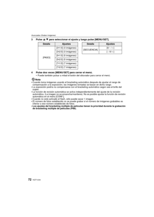 Page 72VQT1U3472
Avanzadas (Grabar imágenes)
3 Pulse 3/4 para seleccionar el ajuste y luego pulse [MENU/SET].
4 Pulse dos veces [MENU/SET] para cerrar el menú. 
Puede también pulsar a mitad el botón del obturador para cerrar el menú.
Nota
Cuando toma imágenes usando el bracketing automático después de ajustar el rango de 
compensación a la exposición, las imágenes tomadas se basan en dicho rango.
La exposición podría no compensarse con el bracketing automático según sea el brillo del 
sujeto.
La función de...