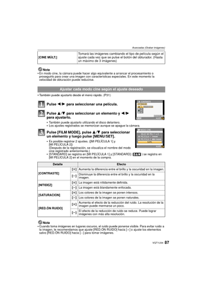 Page 8787VQT1U34
Avanzadas (Grabar imágenes)
Nota
•En modo cine, la cámara puede hacer algo equivalente a arrancar el procesamiento o 
proseguirlo para crear una imagen con características especiales. En este momento la 
velocidad de obturación puede reducirse.
También puede ajustarlo desde el menú rápido. (P31)
Pulse 2 /1 para seleccionar una película.
Pulse 3 /4 para seleccionar un elemento y  2/1 
para ajustarlo.
También puede ajustarlo utilizando el disco delantero.Los ajustes registrados se memorizan...