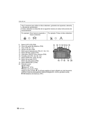 Page 10VQT1U3410
Antes del uso
9 Botón [LVF/LCD] (P38)
10 Disco de ajuste del dióptrico (P39)
11 Visor (P38, 60, 141)
12 Sensor de ojos (P38)
13 Botón para la reproducción (P53, 57, 130, 131)14 Botón [AF/AE LOCK] (P79)
15 Interruptor ON/OFF de la cámara (P26)
16 Pantalla LCD (P37, 53, 59, 141)
17 Botón [DISPLAY]  (P53, 59, 92)
18 Botón de borrado (P57)/Botón de vista previa (P92)
19 Botón [MENU/SET] (P26)
20 Botones cursor 3/ISO (P84)
2 /Modo AF  (P74)
4 /Botón de función (P32)
Asigne el menú al botón 4. Es...