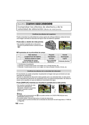 Page 102VQT2S32102
Avanzadas (Grabar imágenes)
Modo [REC]: 
Comprobar los efectos de abertura y de la 
velocidad de obturación 
(Modo de vista previa)
Puede comprobar la profundidad de campo (gama de enfoque efectivo) antes de tomar 
una imagen cerrando el obturado de hoja al valor de abertura ajustado.
Pulse [ ] A (botón de vista previa).
•Se visualiza la pantalla de la vista previa. 
Volverá a la pantalla anterior cuando se pulsa 
[].
∫Propiedades de la profundidad de campo
¢1 Condiciones de grabación
¢ 2...