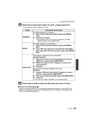 Page 125125VQT2S32
Avanzadas (Grabar imágenes)
Seleccione la opción para editar con 3/4, y luego presione  1.
•Puede registrar hasta 3 imágenes de cara.
Pulse hasta la mitad el botón del obturador para cerrar el menú.
∫Acerca de la información 
•Cuando se presiona [DISPLAY] en la pantalla de grabación descrita en el paso 4 en P124, 
aparece una explicación para tomar las imágenes de la cara. (Presione nuevamente para 
volver a la pantalla de grabación.)
DetalleDescripción de los ajustes
[NOMBRE]
Es posible...