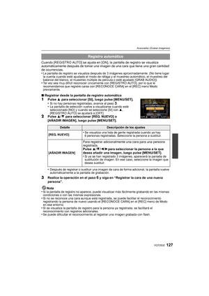 Page 127127VQT2S32
Avanzadas (Grabar imágenes)
Cuando [REGISTRO AUTO] se ajusta en [ON], la pantalla de registro se visualiza 
automáticamente después de tomar una imagen de una cara que tiene una gran cantidad 
de ocurrencias.
•
La pantalla de registro se visualiza después de 3 imágenes aproximadamente. (No tiene lugar 
la cuenta cuando esté ajustado el modo de ráfaga y el muestreo automático, el muestreo del 
balance del blanco, el muestreo múltiple de película o esté ajustado [GRAB AUDIO]).
•Tal vez sea muy...
