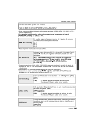 Page 141141VQT2S32
Avanzadas (Grabar imágenes)
Lleve a cabo estos ajustes si lo necesita.
Uso del menú [PERSONALIZADO]
•En el modo automático inteligente, sólo pueden ajustarse [LÍNEA GUÍA], [VIS. INFO. LCD] y 
[VISUA. RESTANTE].
Para ampliar la información sobre cómo seleccionar los ajustes del menú 
[PERSONALIZADO], se refiera a P34.
•
Para ampliar la información, remítase a P113.
•Cuando se ajusta en [AJU. ÁREA ENFOQUE], se puede visualizar la pantalla de ajuste de 
posición del área AF o de la ayuda MF al...