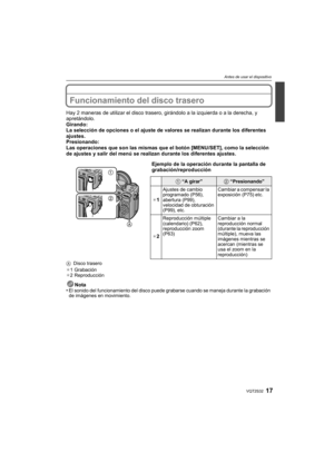Page 1717VQT2S32
Antes de usar el dispositivo
Funcionamiento del disco trasero
Hay 2 maneras de utilizar el disco trasero, girándolo a la izquierda o a la derecha, y 
apretándolo.
Girando:
La selección de opciones o el ajuste de valores se realizan durante los diferentes 
ajustes.
Presionando:
Las operaciones que son las mismas que el botón [MENU/SET], como la selección 
de ajustes y salir del menú se realizan durante los diferentes ajustes.
ADisco trasero
¢ 1Grabación
¢ 2 Reproducción
Nota
•El sonido del...