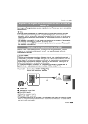 Page 169169VQT2S32
Conexión a otro equipo
Las imágenes fijas grabadas se pueden reproducir en un TV con una ranura para tarjeta 
de memoria SD.
Nota
•
Según el modelo del televisor, las imágenes podrían no visualizarse a pantalla completa.•Las imágenes en movimiento grabadas con [AVCHD Lite] pueden reproducirse en los 
televisores (VIERA) de Panasonic que tienen el logotipo AVCHD. En todos los demás casos, 
conecte la cámara al televisor usando el cable AV (suministrado) y reproduzca la imagen en 
movimiento....