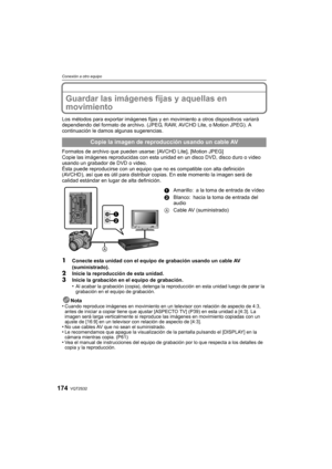 Page 174VQT2S32174
Conexión a otro equipo
Guardar las imágenes fijas y aquellas en 
movimiento
Los métodos para exportar imágenes fijas y en movimiento a otros dispositivos variará 
dependiendo del formato de archivo. (JPEG, RAW, AVCHD Lite, o Motion JPEG). A 
continuación le damos algunas sugerencias.
Formatos de archivo que pueden usarse: [AVCHD Lite], [Motion JPEG]
Copie las imágenes reproducidas con esta unidad en un disco DVD, disco duro o video 
usando un grabador de DVD o video.
Ésta puede reproducirse...