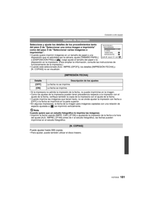 Page 181181VQT2S32
Conexión a otro equipo
Seleccione y ajuste los detalles de los procedimientos tanto 
del paso 2 de “Seleccionar una única imagen e imprimirla” 
como del paso 3 de “Seleccionar varias imágenes e 
imprimirlas”.
•
Cuando quiere imprimir imágenes en un tamaño de papel o una 
disposición que no admitidos por la cámara, ajuste [TAMAÑO PAPEL] 
o [DISPOSICIÓN PÁG] a [
{], luego ajuste el tamaño del papel o la 
disposición en la impresora. (Para ampliar la información, consulte las instrucciones de...