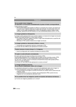 Page 200VQT2S32200
Otro
•¿Está enfocado el sujeto?> [PRI.AD ENFOQUE] está ajustada en [ON] en el momento de la compra, de manera que 
no pueda tomar imágenes hasta que el sujeto esté enfocado. Si quiere poder tomar una 
imagen cuando pulsa completamente el botón del obturador aunque el sujeto no esté 
enfocado, ajuste [PRI.AD ENFOQUE] en  el menú [PERSONALIZADO] a [OFF]. (P143)
•La imagen podría aparecer blancuzca cuando el objetivo o el sensor de la imagen se ensucian 
debido a las huellas dactilares o a otras...