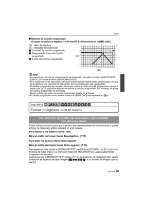 Page 5757VQT2S32
Básico
∫Ejemplo de cambio programado 
(Cuando se utiliza el objetivo 14–42 mm/F3.5–5.6 incluido en la DMC-G2K)
Nota
•
La manera de cambiar de compensación de exposición se puede cambiar desde [CONFIG. 
EXPOS.] (P145) en el menú [PERSONALIZADO].
•Si la exposición no es adecuada cuando se pulsa hasta la mitad el botón del obturador, el valor 
de la abertura y la velocidad de obturación se vuelven de color rojo y parpadean.
•El cambio programado se cancela y la cámara vuelve al modo de la AE...