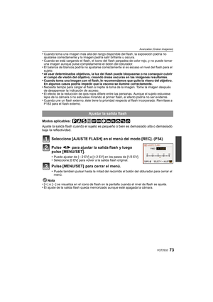 Page 7373VQT2S32
Avanzadas (Grabar imágenes)
•Cuando toma una imagen más allá del rango disponible del flash, la exposición podría no 
ajustarse correctamente y la imagen podría salir brillante u oscura.
•Cuando se está cargando el flash, el icono del flash parpadea de color rojo, y no puede tomar 
una imagen aunque pulse completamente el botón del obturador.
•El balance de blancos podría no ajustarse correctamente si es escaso el nivel del flash para el 
sujeto.
•Al usar determinados objetivos, la luz del...