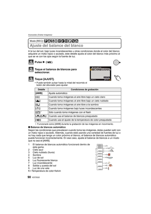 Page 90VQT2S3290
Avanzadas (Grabar imágenes)
Modo [REC]: 
Ajuste del balance del blanco
A la luz del sol, bajo luces incandescentes u otras condiciones donde el color del blanco 
adquiere un matiz rojizo o azulado, este detalle ajusta al color del blanco más próximo al 
que se ve con los ojos según la fuente de luz.
Pulse  1 ().
Toque el balance de blancos para 
seleccionar.
Toque [AJUST].
•Puede también pulsar hasta la mitad del recorrido el 
botón del obturador para ajustar.
¢  Funcionará como [AWB] durante...