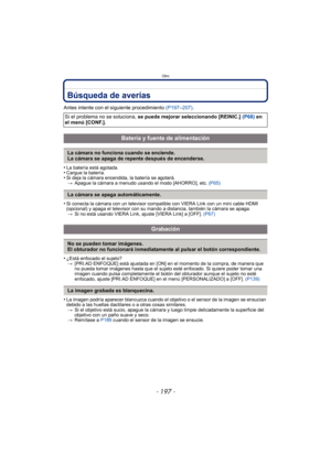 Page 197- 197 -
Otro
Búsqueda de averías
Antes intente con el siguiente procedimiento (P197–207) .
•
La batería está agotada.•Cargue la batería.•Si deja la cámara encendida, la batería se agotará. > Apague la cámara a menudo usando el modo [AHORRO], etc.  (P65)
•Si conecta la cámara con un televisor compatible con VIERA Link con un mini cable HDMI 
(opcional) y apaga el televisor con su mando a distancia, también la cámara se apaga.
> Si no está usando VIERA Link, ajuste [VIERA Link] a [OFF].  (P67)
•¿Está...