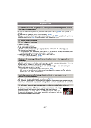 Page 203- 203 -
Otro
•Puede visualizar las imágenes sin girarlas cuando [GIRAR PANT.] (P158) está ajustado en 
[OFF].
•Puede girar las imágenes con la función [GIRAR].  (P158)•Sólo puede visualizar las imágenes giradas si utiliza una lente  (P14) que admite la función de 
detección de dirección  (P32) y [GIRAR PANT.] está ajustado en [ON].
•¿Ha pulsado [ (]?•¿Hay una tarjeta insertada?•¿Hay una imagen en la tarjeta?•¿Es ésta una imagen o carpeta que se procesó en el ordenador? De serlo, no puede 
reproducirse...
