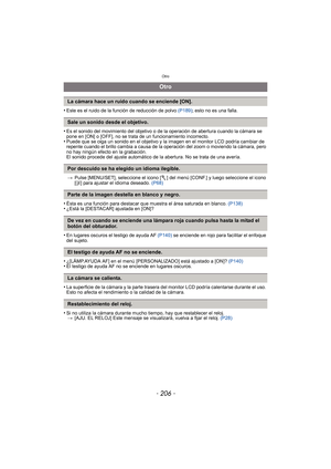 Page 206Otro
- 206 -
•Este es el ruido de la función de reducción de polvo (P189); esto no es una falla.
•Es el sonido del movimiento del objetivo o de  la operación de abertura cuando la cámara se 
pone en [ON] o [OFF], no se trata de un funcionamiento incorrecto.
•Puede que se oiga un sonido en el objetivo y la imagen en el monitor LCD podría cambiar de 
repente cuando el brillo cambia a causa de la operación del zoom o moviendo la cámara, pero 
no hay ningún efecto en la grabación.
El sonido procede del...