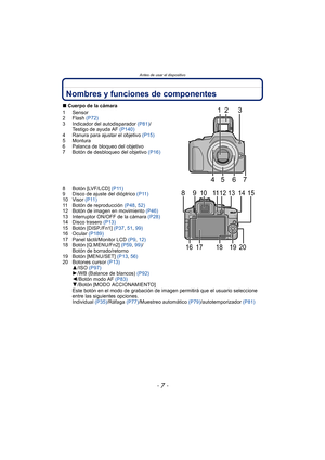 Page 7- 7 -
Antes de usar el dispositivo
Nombres y funciones de componentes
∫Cuerpo de la cámara
1 Sensor
2Flash  (P72)
3 Indicador del autodisparador  (P81)/
Testigo de ayuda AF  (P140)
4 Ranura para ajustar el objetivo  (P15)
5 Montura
6 Palanca de bloqueo del objetivo
7 Botón de desbloqueo del objetivo (P16)
8 Botón [LVF/LCD]  (P11)
9 Disco de ajuste del dióptrico (P11)
10 Visor  (P11)
11 Botón de reproducción  (P48, 52)
12 Botón de imagen en movimiento  (P46)
13 Interruptor ON/OFF de la cámara  (P28)
14...