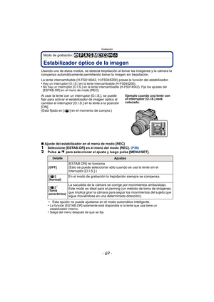 Page 69- 69 -
Grabación
Modo de grabación: 
GrabaciónEstabilizador óptico de la imagen
Usando uno de estos modos, se detecta trepidación al tomar las imágenes y la cámara la 
compensa automáticamente permitiendo tomar la imagen sin trepidación.
La lente intercambiable (H-FS014042, H-FS045200) posee la función del estabilizador.
•
Hay un interruptor [O.I.S.] en la lente intercambiable (H-FS045200).•No hay un interruptor [O.I.S.] en la lente intercambiable (H-FS014042). Fije los ajustes del 
[ESTAB.OR] en el m...