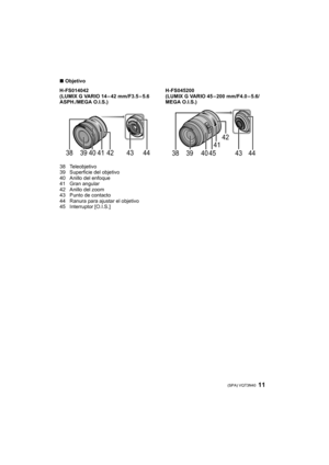 Page 1111 (SPA) VQT3N40
∫Objetivo
38 Teleobjetivo
39 Superficie del objetivo
40 Anillo del enfoque
41 Gran angular
42 Anillo del zoom
43 Punto de contacto
44 Ranura para ajustar el objetivo
45 Interruptor [O.I.S.] H-FS014042
(LUMIX G VARIO 14 – 42 mm/F3.5 – 5.6 
ASPH./MEGA O.I.S.) H-FS045200
(LUMIX G VARIO 45 – 200 mm/F4.0 – 5.6/
MEGA O.I.S.)
38 39 40 41 42 43 4440
41
42
45393843 44
DMC-G3K&G3W&G3PP-VQT3N40_spa.book  11 ページ  ２０１１年４月２９日　金曜日　午後１２時５２分 