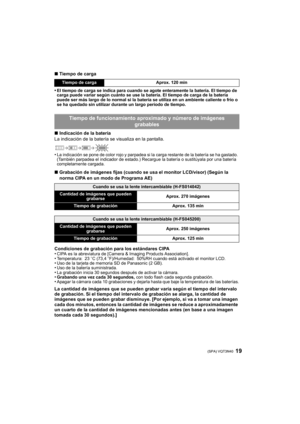 Page 1919 (SPA) VQT3N40
∫Tiempo de carga
•
El tiempo de carga se indica para cuando se agote enteramente la batería. El tiempo de 
carga puede variar según cuánto se use la batería. El tiempo de carga de la batería 
puede ser más largo de lo normal si la batería se utiliza en un ambiente caliente o frío o 
se ha quedado sin utilizar durante un largo período de tiempo.
∫ Indicación de la batería
La indicación de la batería se visualiza en la pantalla.
•
La indicación se pone de color rojo y parpadea si la carga...