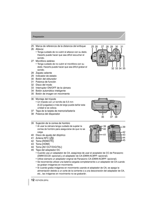 Page 1212
Preparación
VQT4Z59 (SPA)
25 Marca de referencia de la distancia del enfoque
26 Altavoz•
Tenga cuidado de no cubrir el altavoz con su dedo. 
Hacerlo puede hacer que sea difícil escuchar el 
sonido.
27 Micrófono estéreo•Tenga cuidado de no cubrir el micrófono con su 
dedo. Hacerlo puede hacer que sea difícil grabar el 
sonido.
28 Zapata caliente
29 Indicador de estado
30 Botón del obturador
31 Palanca de función
32 Disco del modo
33 Interruptor ON/OFF de la cámara
34 Botón automático inteligente
35...