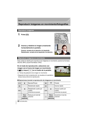 Page 2222
Básico
VQT4Z59 (SPA)
Reproducir imágenes en movimiento/fotografías
1Pulse [(].
2Avance y rebobine la imagen arrastrando 
horizontalmente la pantalla.
Avance: arrastre de la derecha a la izquierda
Rebobinado: arrastre de la izquierda a la derecha
Esta unidad se diseñó para reproducir las imágenes en movimiento usando los formatos 
AVCHD, MP4 y QuickTime Motion JPEG.
En el modo de reproducción, seleccione una 
imagen con el icono de imagen en movimiento 
([ ]) y toque [ ] en el medio de la pantalla.
A...