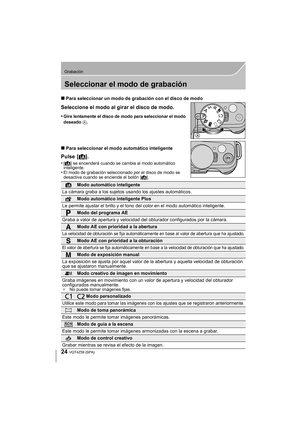 Page 2424
Grabación
VQT4Z59 (SPA)
Seleccionar el modo de grabación
∫Para seleccionar un modo de grabación con el disco de modo
Seleccione el modo al girar el disco de modo.
•Gire lentamente el disco de modo para seleccionar el modo 
deseado  A.
∫ Para seleccionar el modo automático inteligente
Pulse [ ¦].
•[¦ ] se encenderá cuando se cambia al modo automático 
inteligente.
•El modo de grabación seleccionado por el disco de modo se 
desactiva cuando se enciende el botón [¦].
Modo automático inteligente
La cámara...