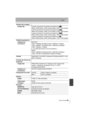 Page 4343
Otro
 (SPA) VQT4Z59
Tamaño de la imagenImagen fija Cuando el ajuste de la relación de aspecto es [ X]
4608 k3456 píxeles, 3264 k2448 píxeles, 2336k1752 píxeles
Cuando el ajuste de la relación de aspecto es [Y ]
4608 k3072 píxeles, 3264 k2176 píxeles, 2336k1560 píxeles
Cuando el ajuste de la relación de aspecto es [W ]
4608 k2592 píxeles, 3264 k1840 píxeles, 1920k1080 píxeles
Cuando el ajuste de la relación de aspecto es [ ]
3456 k3456 píxeles, 2448 k2448 píxeles, 1744k1744 píxeles
Calidad de grabación...