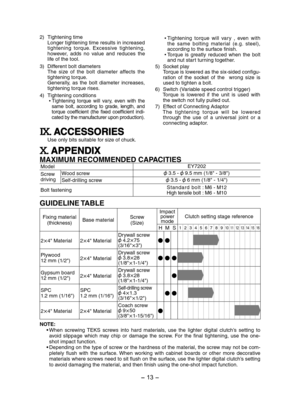 Page 13- 13 -  
2) Tightening timeLonger tightening time results in increased 
tightening  torque.  Excessive  tightening, 
however,  adds  no  value  and  reduces  the 
life of the tool.
3)  Different bolt diameters
The  size  of  the  bolt  diameter  affects  the 
tightening torque.
Generally,  as  the  bolt  diameter  increases, 
tightening torque rises.
4) Tightening conditions Tightening  torque  will  vary,  even  with  the 
same  bolt,  according  to  grade,  length,  and 
torque  coefficient  (the...