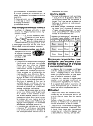 Page 23- 23 -  
ge correspondant à l’application utilisée.
À  chaque  pression  sur  le  bouton  (+),  la valeur  du  réglage  d’embrayage  numérique augmente.
À  chaque  pression  sur le  bouton  (-),  la  valeur du  réglage  d’embraya-ge numérique diminue.
Plage de réglage de l'embrayage numérique
La  plage  de  réglage  utilisable  va  des niveaux  1  à  16  pour  correspondre  à  l'ap-plication utilisée.
Puissance maximum
Si vous maintenez enfon-cés  les  boutons etpendant  0,6  seconde  ou plus,...