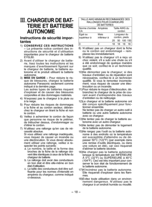 Page 18
- 18 -  

III.	CHARGEUR DE BAT­
TERIE ET BATTERIE 
AUTONOME
Instructions de sécurité impor­
tantes
1)  C O N S E RV E Z  C E S  I N S T R U C T I O N S –  La  présente  notice  contient  des  in-structions  de  sécurité  et  d’utilisation importantes  pour  le  chargeur  de  batterie EY0L80.
 )  Avant  d
’utiliser  le  chargeur  de  batte-rie,  lisez  toutes  les  instructions  et  les marques  d’avertissement  figurant  sur le  chargeur  de  batterie,  la  batterie  au-tonome  et  le  produit...