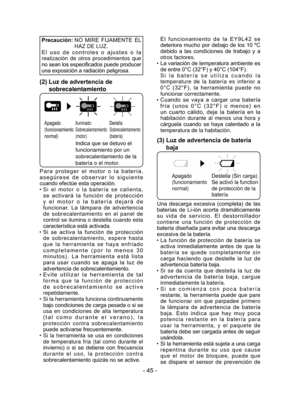 Page 45- 45 -
Precaución:  NO  MIRE  FIJAMENTE  EL 
HAZ DE LUZ.
El  uso  de  controles  o  ajustes  o  la 
realización de otros procedimientos que 
no sean los especificados puede producer 
una exposición a radiación peligrosa.
(2)  Luz de advertencia de 
sobrecalentamiento
Apagado 
(funcionamiento 
normal)Iluminado: 
Sobrecalentamiento 
(motor)Destella: 
Sobrecalentamiento 
(batería)
Indica que se detuvo el 
funcionamiento por un 
sobrecalentamiento de la 
batería o el motor.
Para  proteger  el  motor  o  la...