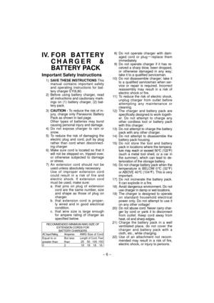 Page 6- 6 - 
IV. FOR  BATTERY CHARGER & 
BAT TERY PACK
Important Safety Instructions
 1) SAVE THESE IN  STRUCTIONS -This 
manual contains important safety 
and operating instructions for bat-
tery charger EY0L80.
  2) Before using battery charger, read  all instructions and cautionary mark-
ings on (1) battery charger, (2) bat-
tery pack.
 3)  CAUTION 
- - To reduce the risk of in-
jury, charge only Panasonic Battery 
Pack as shown in last page.
 
Other types of batteries may burst 
causing personal injury and...