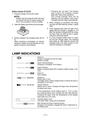 Page 11
- 11 -  

Battery charger (EY0L80)
1. Plug the charger into the AC outlet.
NOTE:Sparks may be produced when the plug is inserted into the AC power supply, but this is not a problem in terms of safety.
. 
Insert the battery pack firmly into the charger.
3. During  charging,  the  charging  lamp  will  be lit.When  charging  is  completed,  an  internal electronic  switch  will  automatically  be  trig-gered to prevent overcharging.
LAMP INDICATIONS
Green LitCharger is plugged into the AC...