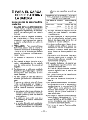 Page 33
- 33 -  

III.	PARA  EL  CARGA­
DOR DE BATERIA Y 
LA BATERIA
Instrucciones de seguridad im­
portantes
1) GUARDE  ESTAS  INSTRUCCIONES – Este  manual  contiene  instrucciones 
de seguridad importantes y de funciona -
miento  para  el  cargador  de  batería EY0L80.
 ) 
Antes  de  utilizar  el  cargador  de  batería, lea  tods  las  instrucciones  y  marcas  de precaución  en  el  cargador  de  batería, la  batería  y  el  producto  que  utilice  la batería.
3)  
PRECAUCIÓN – Para reducir el riesgo de...