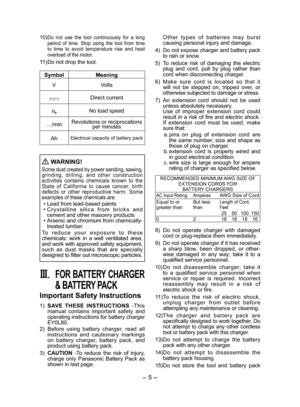 Page 5
- 5 -  

10) Do  not  use  the  tool  continuously  for  a  long period  of  time.  Stop  using  the  tool  from  time to  time  to  avoid  temperature  rise  and  heat overload of the motor.
11) Do not drop the tool.
Symbol Meaning
VVolts
Direct current
n0No load speed
…/minRevolutions or reciprocations per minutes
AhElectrical capacity of battery pack
 WARNING! 
Some dust created by power sanding, sawing, grinding,  drilling,  and  other  construction activities  contains  chemicals  known  to  the...