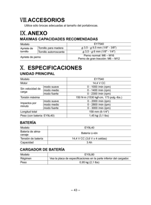 Page 43
- 43 -  

VIII. ACCESORIOS
Utilice sólo brocas adecuadas al tamaño del portabrocas.
IX.	ANEXO
MÁXIMAS CAPACIDADES RECOMENDADAS
ModeloEY7540
Apriete de tornillo
Tornillo para madera 3,5 -  9,5 mm (1/8" - 3/8")
Tornillo autorroscante 3,5 -  6 mm (1/8" - 1/4")
Apriete de pernoPerno normal: M6 – M16
Perno de gran tracción: M6 – M1
X. ESPECIFICACIONES
UNIDAD PRINCIPAL
ModeloEY7540
Motor14,4 V CC
Sin velocidad de carga
modo suave0 - 1000 /min (rpm)
modo medio0 - 1400 /min (rpm)
modo...