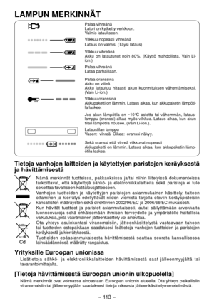 Page 113- 113 -  
LAMPUN MERKINNÄT
Palaa vihreänä
Laturi on kytketty verkkoon.
Valmis lataukseen.
Vilkkuu nopeasti vihreänä
Lataus on valmis. (Täysi lataus)
Vilkkuu vihreänä
Akku on latautunut noin 80%. (Käyttö mahdollista. Vain Li-
ion.)
Palaa vihreänä
Lataa parhaillaan.
Palaa oranssina
Akku on viileä.
Akku latautuu hitaasti akun kuormituksen vähentämiseksi. 
(Vain Li-ion.)
Vilkkuu oranssina
Akkupaketti on lämmin. Lataus alkaa, kun akkupaketin lämpöti-
la laskee.
Jos akun lämpötila on  −10°C astetta tai...