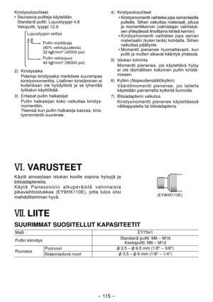 Page 115- 115 -  
Kiristysolosuhteet
• Seuraavia pultteja käytetään.
  Standardi pultti: Lujuustyyppi 4,8
  Vetopultti, tyyppi 1,9
4,8
Lujuustyypin selitysPultin myötäraja
(80% vetolujuudesta)
3 kgf/mm
 (45000 psi)
Pultin vetolujuus 
40 kgf/mm
 (56000 psi)
)  Kiristysaika Pidempi kiristysaika merkitsee suurempaa 
kiristysmomenttia. Liiallinen kiristäminen ei 
kuitenkaan ole hyödyllistä ja se lyhentää 
työkalun käyttöikää.
3)  Erilaiset pultin halkaisijat Pultin halkaisijan koko vaikuttaa...