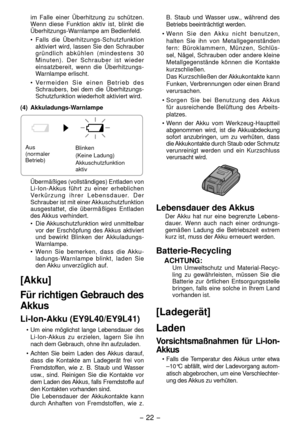 Page 22-  - 
im  Falle  einer  Überhitzung  zu  schützen. 
Wenn  diese  Funktion  aktiv  ist,  blinkt  die 
Überhitzungs-Warnlampe am Bedienfeld.
•  Falls  die  Überhitzungs-Schutzfun ktion 
aktiviert  wird,  lassen  Sie  den  Schrauber 
g

r ü n dl i c h   a b k ü h l e n   ( m i nd e s t e n s   3 0 
M i n u t e n ) .   D e r   S c h r a u b e r   i s t   w i e d e r 
einsatzbereit,  wenn  die  Überhitzungs-
Warnlampe erlischt.
•

  Ve r m e i d e n   S i e   e i n e n   B e t r i e b   d e s...