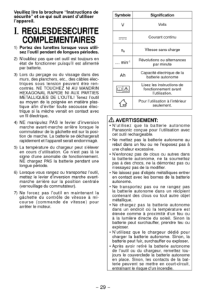 Page 29- 9 -  
Veuillez lire la brochure “Instructions de 
sécurité” et ce qui suit avant d’utiliser 
l’appareil.
I. REGLES DE SECURITE COMPLEMENTAIRES
1)  Portez des lunettes lorsque vous utili -
sez l’outil pendant de longues périodes.
)  N’oubliez pas que cet outil est toujours en 
état de fonctionner puisqu’il est alimenté 
par batterie.
3)  Lors du perçage ou du vissage dans des 
murs, des planchers, etc., des câbles élec -
triques sous tension peuvent être ren -
contrés. NE TOUCHEZ NI AU MANDRIN...