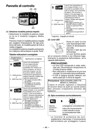 Page 44- 44 - 
Pannello di controllo
(1)
()
(4) (3)
(1)  Selezione modalità potenza impatto
 
Selezionare la modalità di potenza impat-
to tra le 3 modalità (Leggera, Media, 
Forte).
Premere il tasto di modalità potenza impatto 
per scegliere l’impostazione. Ad ogni pres -
sione del tasto, la modalità passa da forte a 
media a leggera. 
La modalità di potenza impatto preimposta -
ta in fabbrica nell’avvitatore è quella “forte”.
Tabella indicazioni consigliate
Visualizzazione 
modalità potenza  impatto...