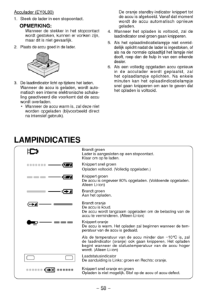 Page 58- 58 - 
Acculader (EY0L80)
1.  Steek de lader in een stopcontact.
OPMERKING:Wanneer de stekker in het stopcontact 
wordt gestoken, kunnen er vonken zijn, 
maar dit is niet gevaarlijk.
. 
Plaats de accu goed in de lader.
3. De laadindicator licht op tijdens het laden.Wanneer de accu is geladen, wordt auto-
matisch een interne elektronische schake-
ling geactiveerd die voorkomt dat de accu 
wordt overladen. •  Wanneer de accu warm is, zal deze niet 
worden opgeladen (bijvoorbeeld direct 
na intensief...