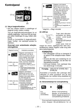 Page 77- 77 -  
Kontrolpanel
(1)
()
(4) (3)
(1)  Valg af slagkraftfunktion
 
Der kan vælges mellem 3 indstillinger af 
slagkraft (svag, mellem, kraftig).
Tryk på slagkraftfunktionsknappen for at 
indstille slagkraften. Ved hvert tryk på knap -
pen skifter indstillingen til svag, mellem eller 
kraftig. 
Drevet er forindstillet til slagkraftindstil -
lingen “kraftig”, når værktøjet sendes fra 
fabrikken.
Oversigt over anbefalede arbejds-
retningslinier
Slagkraft-visning Anbefalet anvendelse
H
Opgaver, som...