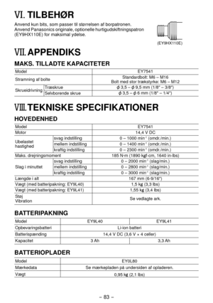 Page 83- 83 -  
VI. TILBEHØR
Anvend kun bits, som passer til størrelsen af borpatronen. 
(EY9HX110E)
Anvend Panasonics originale, optionelle hurtigudskiftningspatron 
(EY9HX110E) for maksimal ydelse.
VII.	APPENDIKS
MAKS. TILLADTE KAPACITETER
ModelEY7541
Stramning af bolte Standardbolt: M6 – M16
Bolt med stor trækstyrke: M6 – M1
Skrueidrivning Træskrue
 3,5 –  9,5 mm (1/8" – 3/8")
Selvborende skrue
 3,5 –  6 mm (1/8" – 1/4")
VIII. TEKNISKE SPECIFIKATIONER
HOVEDENHED
Model EY7541
Motor 14,4 V...