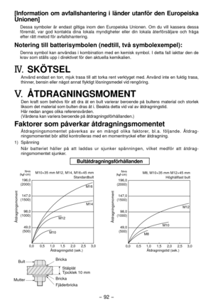 Page 92- 9 - 
[Information om avfallshantering i länder utanför den Europeiska 
Unionen]
Dessa symboler är endast giltiga inom den Europeiska Unionen. Om du vill kassera dessa 
föremål, var god kontakta dina lokala myndigheter eller din lokala återförsäljare och fråga 
efter rätt metod för avfallshantering.
Notering till batterisymbolen (nedtill, två symbolexempel):
Denna symbol kan användas i kombination med en kemisk symbol. I detta fall iakttar den de 
krav som ställs upp i direktivet för den aktuella...