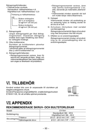 Page 93- 93 -  
Åtdragningsförhållanden
• Följande bultar används.
  Standardbult: hållfasthetsklass 4,8
  Höghållfast bult: hållfasthetsklass 1,9
4,8
Förklaring av hållfasthetsklassBultens sträckgräns
(80 % av brottgräns)
3 kgf/mm
 (45 000 psi)
Bultens brottgräns 
40 kgf/mm
 (56 000 psi)
)  Åtdragningstid Längre åtdragningstid ger ökat åtdrag -
ningsmoment. Överdriven åtdragning 
innebär dock ingen förbättring utan förkor-
tar verktygets livslängd.
3)  Olika bultdiametrar Storleken på...