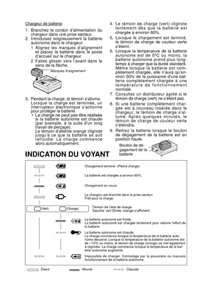 Page 26- 26 - 
Chargeur de batterie
1.  Branchez  le  cordon  d’alimentation  du chargeur dans une prise secteur.
2.  Introduisez  soigneusement  la  batterie  autonome dans le chargeur.
1 Alignez  les  marques  d’alignement 
et  placez  la  batterie  dans  le  poste 
d’accueil sur le chargeur.
2 Faites  glisser  vers  l’avant  dans  le 
sens de la flèche.
 
Marques d’alignement
3.  Pendant la charge, le témoin s’allume.
  Lorsque  la  charge  est  terminée,  un  inter  rupteur  électronique  s’actionne 
pour...